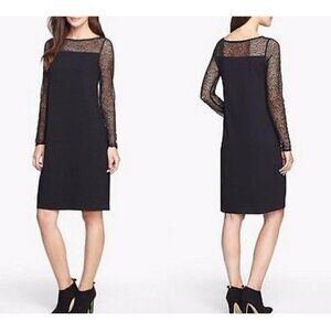 Eileen Fisher Sz S Black Fishnet Lace Crochet Sleeve Bateau Neck Jersey Dress